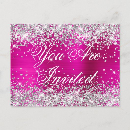 Faux Silver Glitter Hot Pink Birthday Uitnodiging (Voorkant)