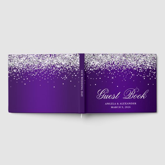 Faux Silver Glitter Indigo Paarse Ombre bruiloft Gastenboek (Volledig)