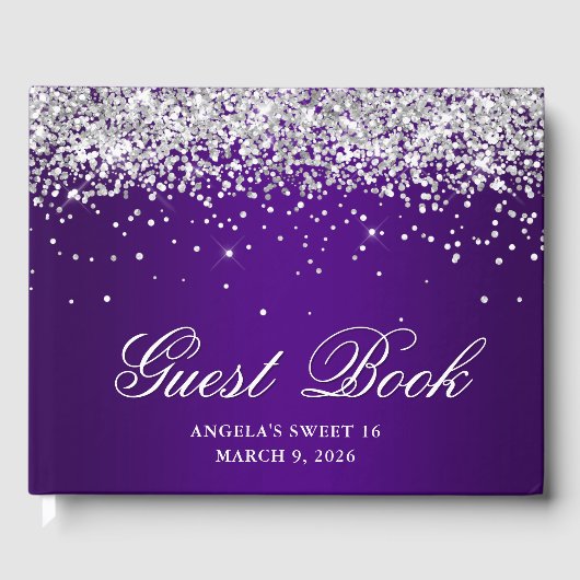Faux Silver Glitter Indigo Paarse Ombre Sweet 16 Gastenboek (Voorkant)
