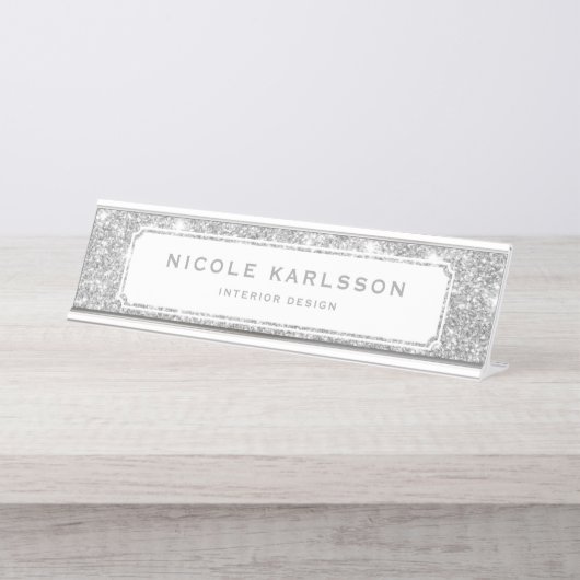 Faux Silver Glitter Lux Bord van gepersonaliseerde Bureau Naambordje (Voorkant)