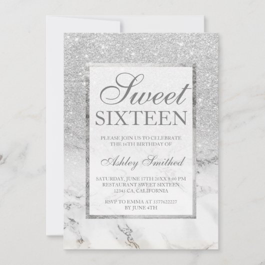 Faux Silver glitter marble elegant chic Sweet 16 Kaart (Voorkant)