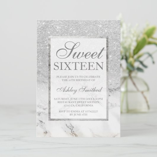 Faux Silver glitter marble elegant chic Sweet 16 Kaart (Staand voorkant)