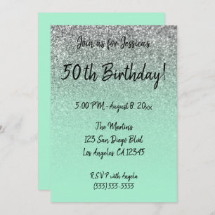 Faux Silver Glitter Mint Green Ombre 50th Birthday Kaart