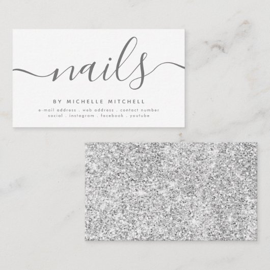 Faux Silver Glitter Nail Technicus White Visitekaartje (Voorkant / Achterkant)