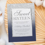 Faux Silver glitter navy blue legant chic Sweet 16 Kaart<br><div class="desc">Een modern,   en elegant faux zilveren glitter douchecombre met blauw marinekleurblok Sweet 16 verjaardagsfeest met elegant zilver lijst Perfect voor een prinses Sweet-zestien.</div>