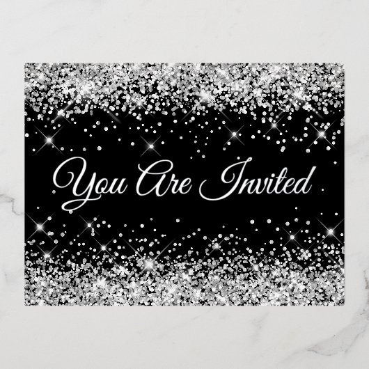 Faux Silver Glitter op Black 40th Birthday Folie Uitnodiging Briefkaart (Voorkant)