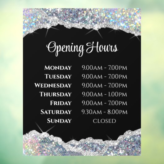 Faux Silver Glitter-openingstijden Venster Cling Raamsticker (Vel 3)