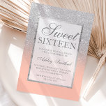 Faux Silver Glitter Pach zalmkool Sweet 16 Kaart<br><div class="desc">Een modern,   en elegant faux Silver Glitter douche ombre met perziksalmoncolor block Sweet 16 verjaardagsfeest met elegant zilver lijst Perfect voor een prinses Sweet sixteen.</div>