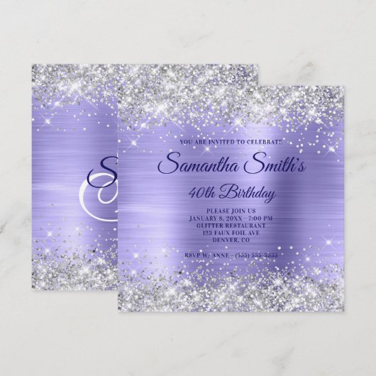 Faux Silver Glitter Periwinkle Folie 40th Birthday Kaart (Voorkant / Achterkant)
