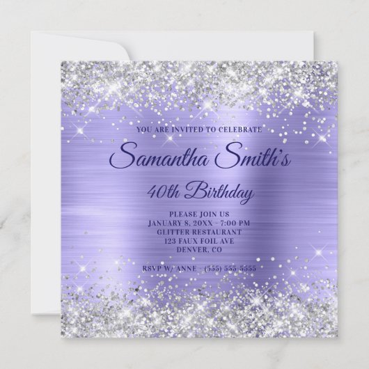 Faux Silver Glitter Periwinkle Folie 40th Birthday Kaart (Voorkant)