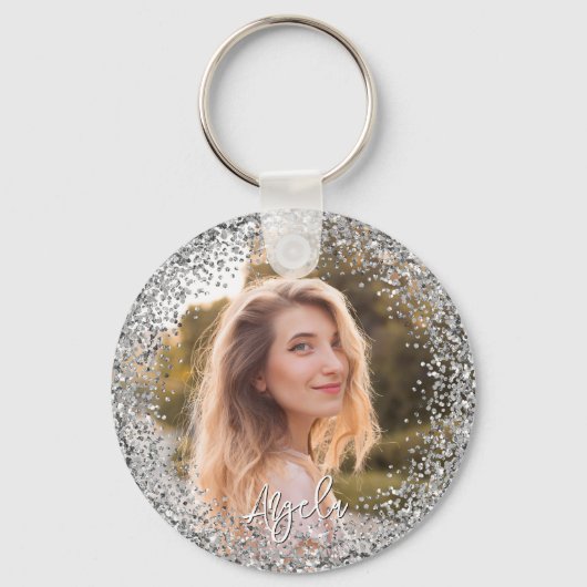 Faux Silver Glitter Photo Sleutelhanger (Voorkant)