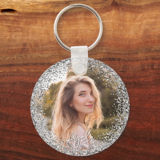Faux Silver Glitter Photo Sleutelhanger (Voorkant)