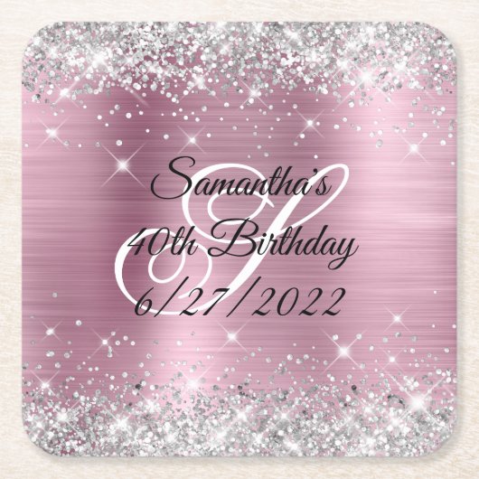 Faux Silver Glitter Pink Folie 40e verjaardag Kartonnen Onderzetters (Voorkant)