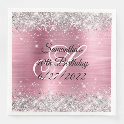Faux Silver Glitter Pink Folie 40e verjaardag Servet (Voorkant)