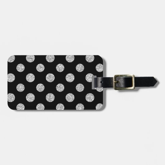 Faux Silver Glitter Polka Dots Pattern on Black Bagagelabel (Voorkant horizontaal)