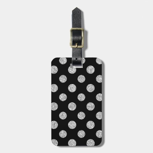 Faux Silver Glitter Polka Dots Pattern on Black Bagagelabel (Voorkant verticaal)