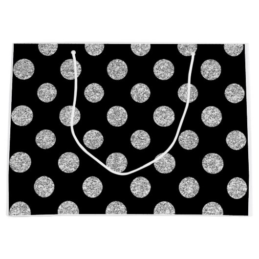 Faux Silver Glitter Polka Dots Pattern on Black Large Cadeautasje (Voorkant)