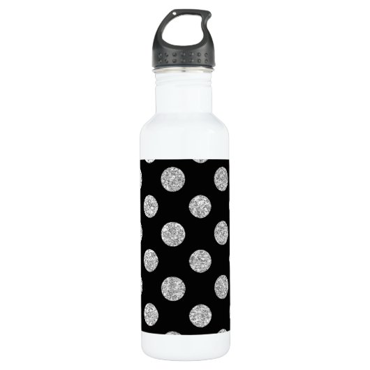 Faux Silver Glitter Polka Dots Pattern on Black Waterfles (Voorkant)