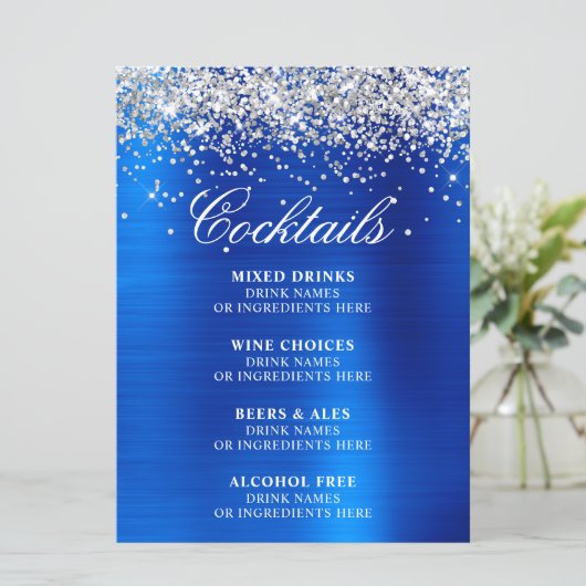 Faux Silver Glitter Royal Blue Foil Cocktails Bar Menu (Staand voorkant)
