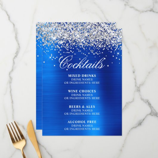 Faux Silver Glitter Royal Blue Foil Cocktails Bar Menu (Voorkant / Achterkant in situ)