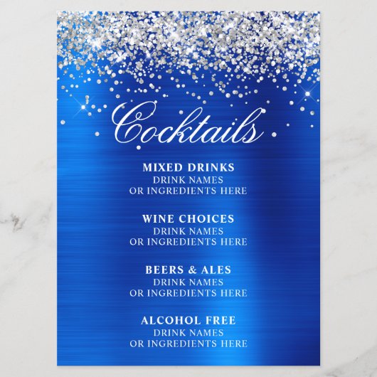Faux Silver Glitter Royal Blue Foil Cocktails Bar Menu (Voorkant)