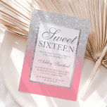 Faux Silver glitter roze elegant cherry Sweet 16 Kaart<br><div class="desc">Een modern,   en elegant faux Silver Glitter douche ombre met kersroze kleurblok Sweet 16 verjaardagsfeestuitnodiging met elegant zilver lijst Perfect voor een prinses Sweet sixteen.</div>