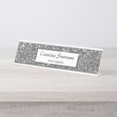 Faux Silver Glitter Textielkijken & aangepaste tek Bureau Naambordje (Voorkant)