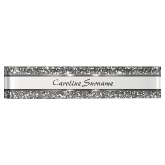Faux Silver Glitter Texture Kijk & Aangepaste naam Naambordje (Voorkant)