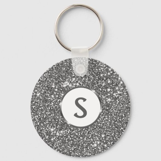 Faux Silver Glitter Texture Kijk & Custom Monogram Sleutelhanger (Voorkant)