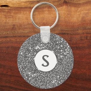 Faux Silver Glitter Texture Kijk & Custom Monogram Sleutelhanger