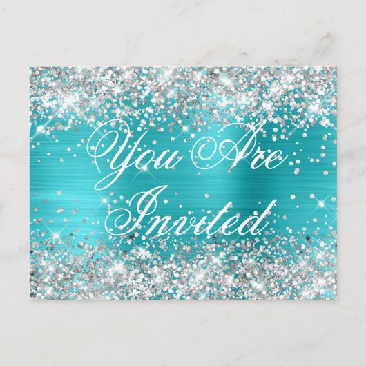 Faux Silver Glitter Turquoise Blue Sweet Sixteen Briefkaart (Voorkant)