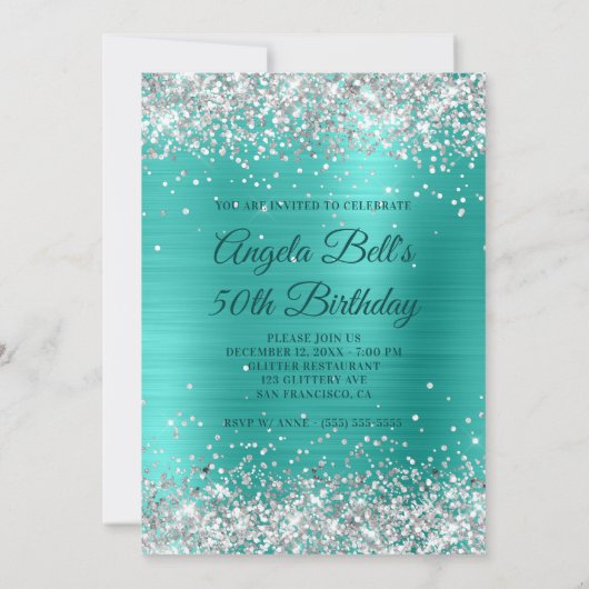 Faux Silver Glitter Turquoise Folie 50th Birthday Kaart (Achterkant)