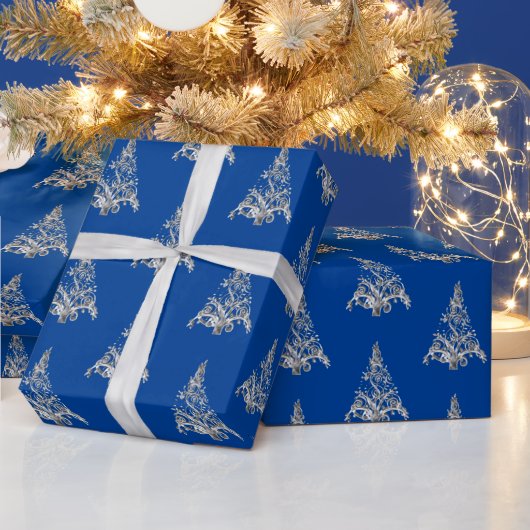 Faux Silver Grey Kerstmis Pattern Blue Cadeaupapier (Feestdagen)
