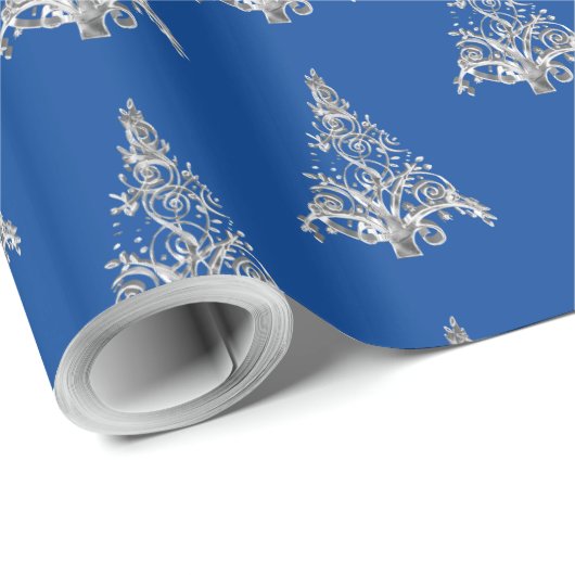 Faux Silver Grey Kerstmis Pattern Blue Cadeaupapier (Rol Hoek)