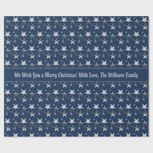 Faux Silver kerststerren Pattern Blue Cadeaupapier (Vlak)
