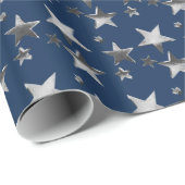 Faux Silver kerststerren Pattern Blue Cadeaupapier (Rol Hoek)