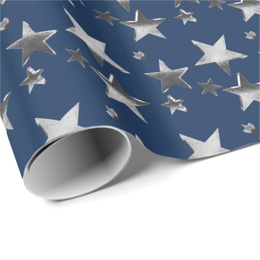 Faux Silver kerststerren Pattern Blue Cadeaupapier (Rol Hoek)