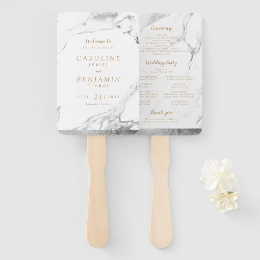 Faux Silver Marble luxe modern trouwprogramma Handwaaier (Voorkant en achterkant)