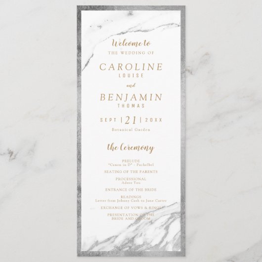 Faux Silver Marble luxe modern trouwprogramma Programmakaart (Voorkant)