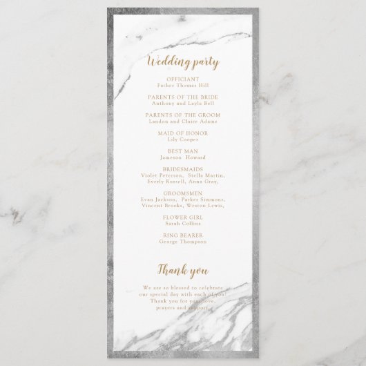 Faux Silver Marble luxe modern trouwprogramma Programmakaart (Achterkant)