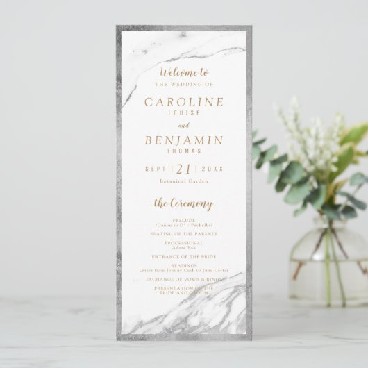 Faux Silver Marble luxe modern trouwprogramma Programmakaart (Staand voorkant)
