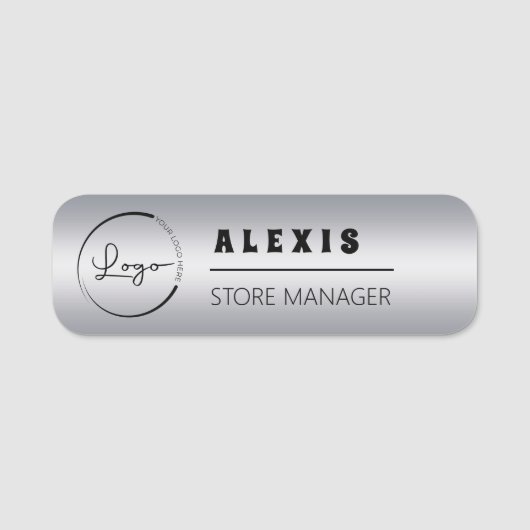 Faux Silver Retro Company Zakelijke Logo Naamplaatje (Voorkant)