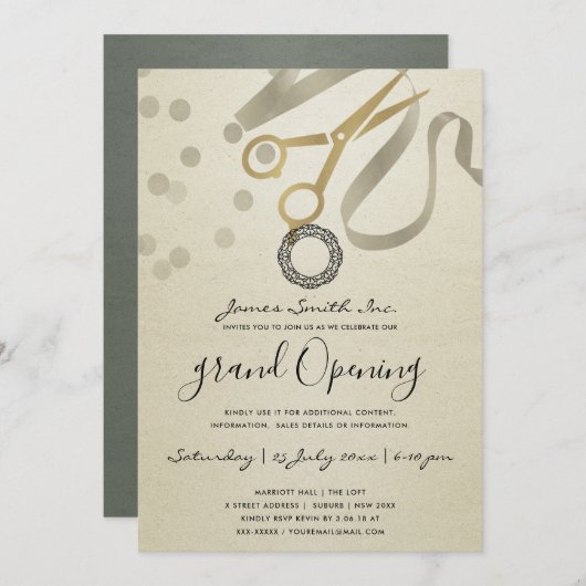FAUX SILVER RIBBON CUTTING GRAND OPENEN INVITE (Voorkant / Achterkant)
