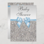 Faux Silver Sequins Baby Blue Baby shower Kaart (Voorkant / Achterkant)