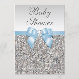 Faux Silver Sequins Baby Blue Baby shower Kaart