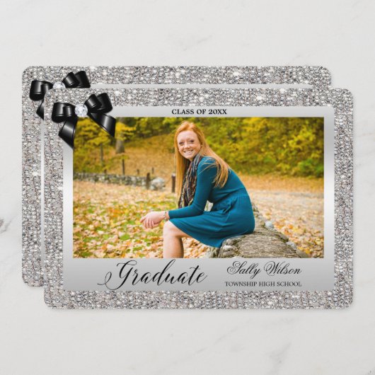 Faux Silver Sequins Black Bow Afstuderen Foto Kaart (Voorkant / Achterkant)