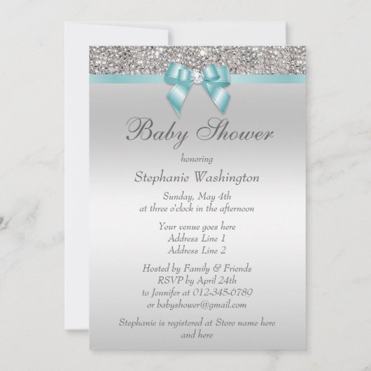 Faux Silver Sequins Blauwgroen blauw Baby shower Kaart (Achterkant)