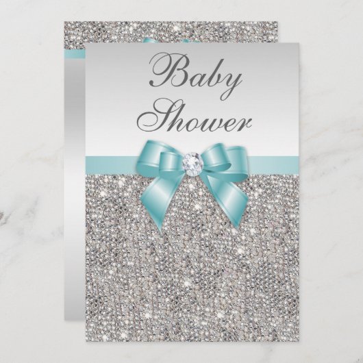 Faux Silver Sequins Blauwgroen blauw Baby shower Kaart (Voorkant / Achterkant)