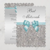 Faux Silver Sequins Blauwgroen Blue Bat Mitzvah Kaart (Voorkant / Achterkant)