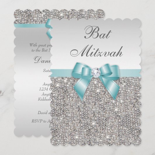 Faux Silver Sequins Blauwgroen Blue Bat Mitzvah Kaart (Voorkant / Achterkant)